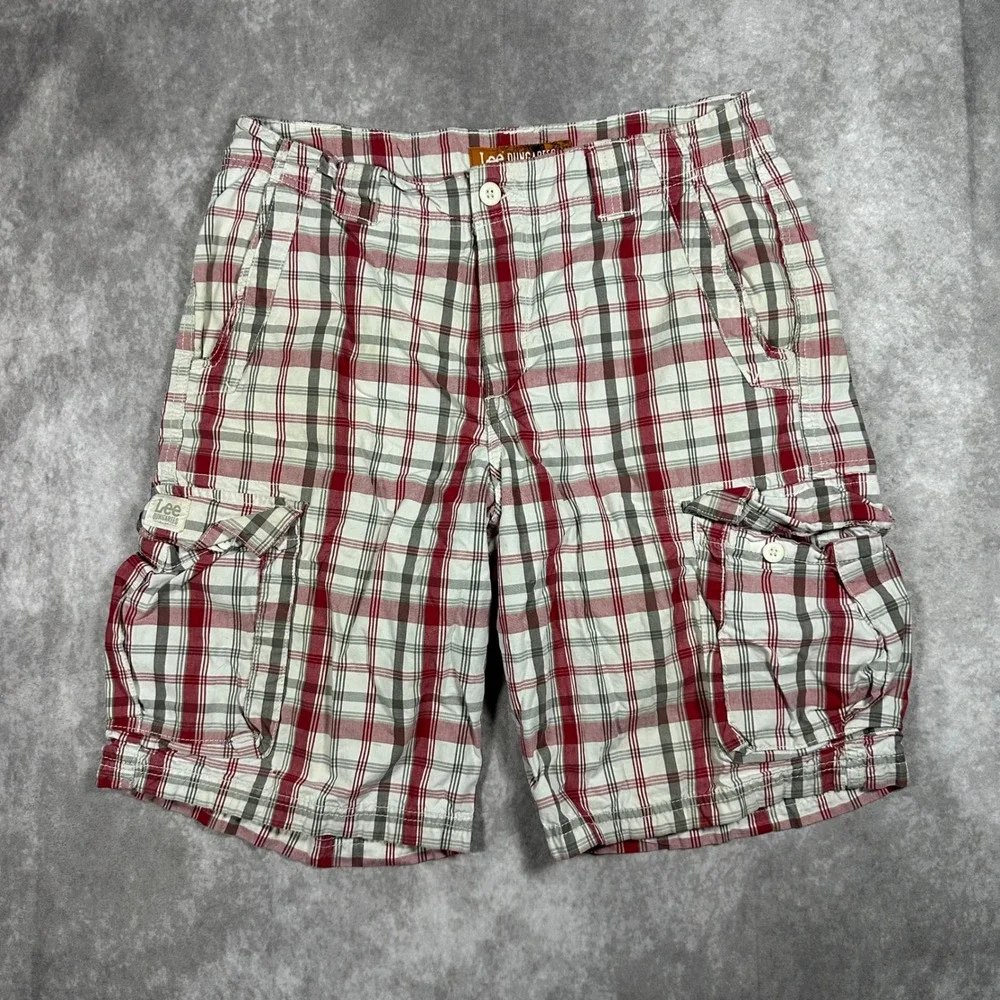 Lee Dungarees Mens Plaid Cargo Shorts 32 Red White Cotton Casual Outdoor Summer